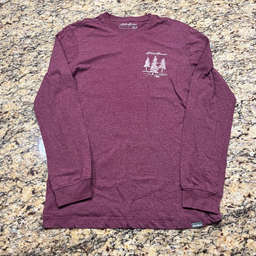 Eddie Bauer Mens Long Sleeve Graphic Tee Maroon Mountain Pine Tree Small